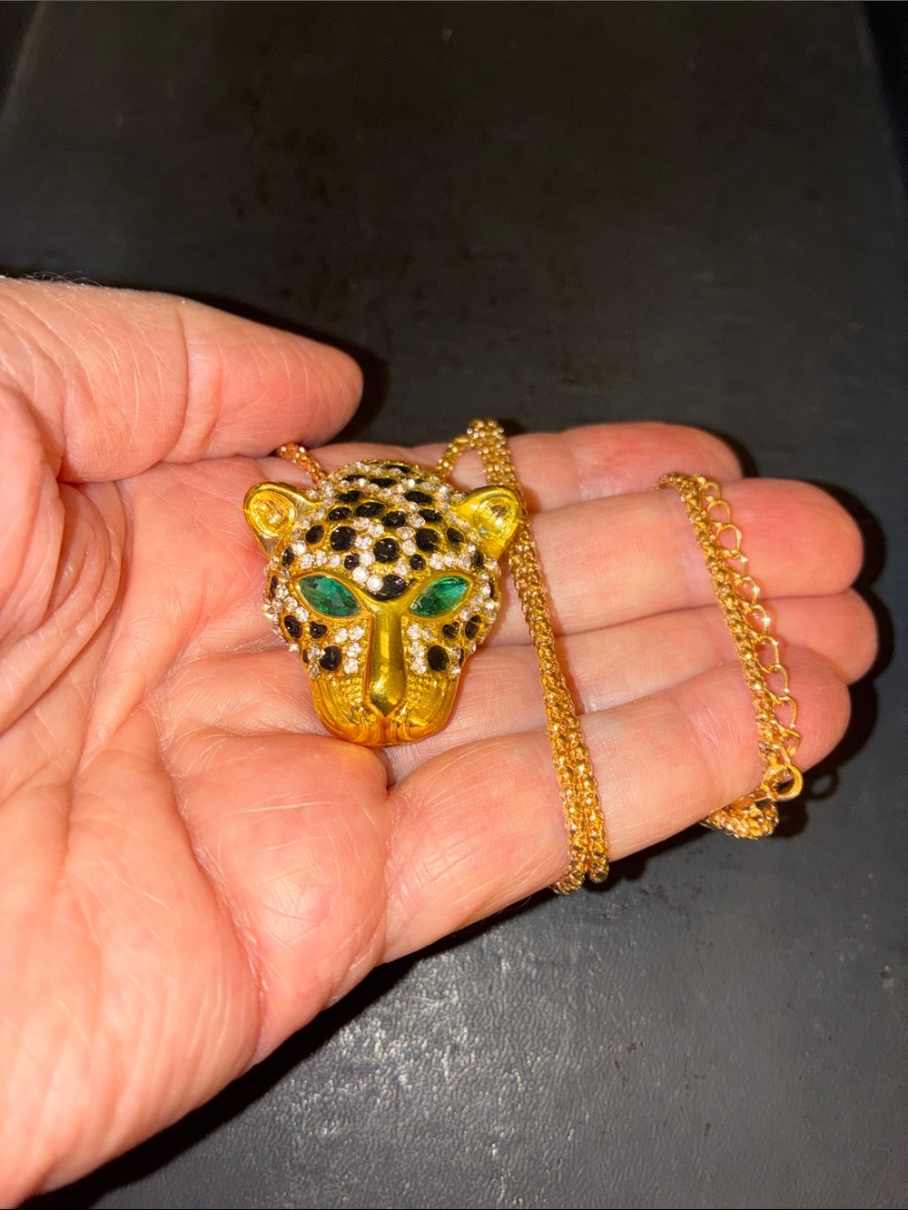 Gold Leopard Head Pendant/Brooch Necklace with Green Stone Eyes